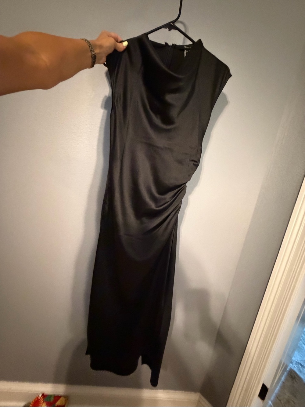 Forever 21 Black Satin Midi Dress with Draped Neck